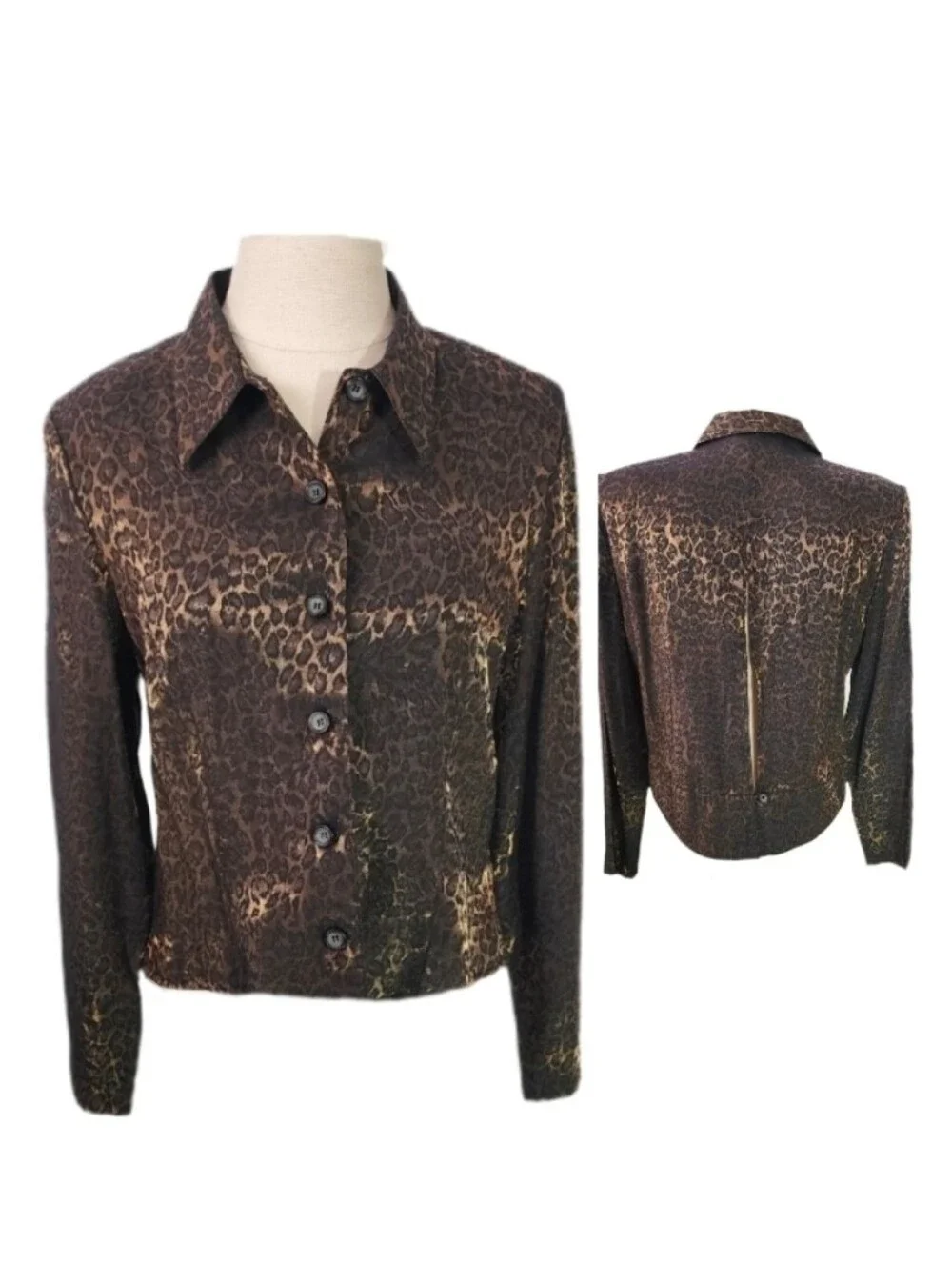Sheri Martin Jacket Leopard Print Slit Back Button Down Vintage Brown Size 12P